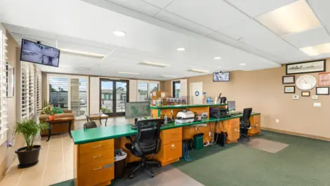 Inside of front office with desk.