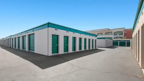 Small outdoor green storage units.