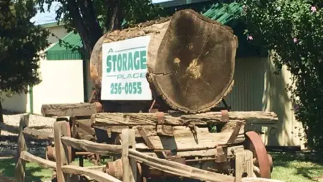 A Storage Place sign against a large log.